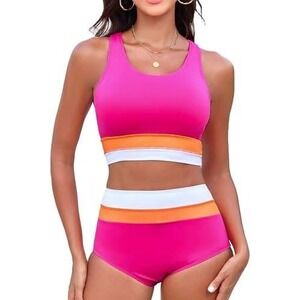 Dipinon Womens Sporty Pink Colorblock High‎ Waisted Bikini Set Size L New